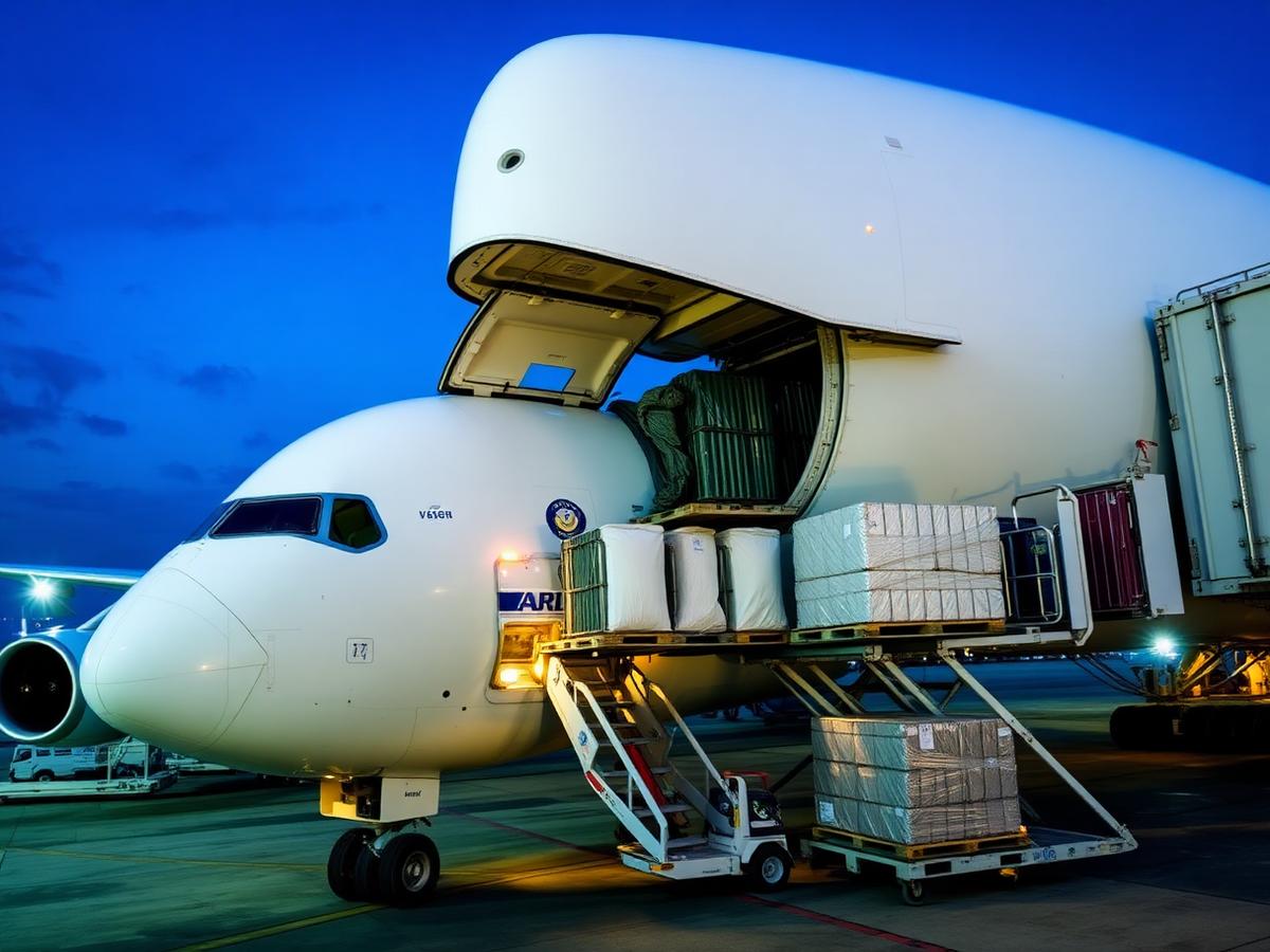 Freight aircraft being loaded with air cargo pallets