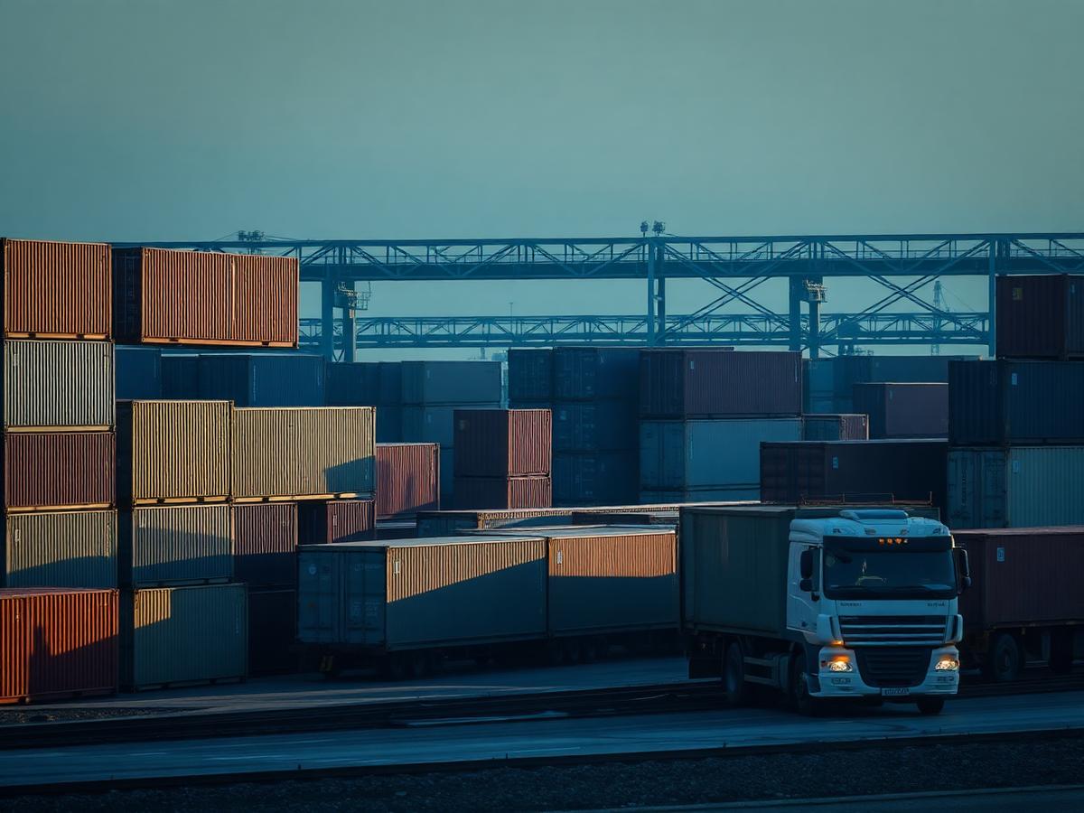 Container depot with haulage trucks and rail freight